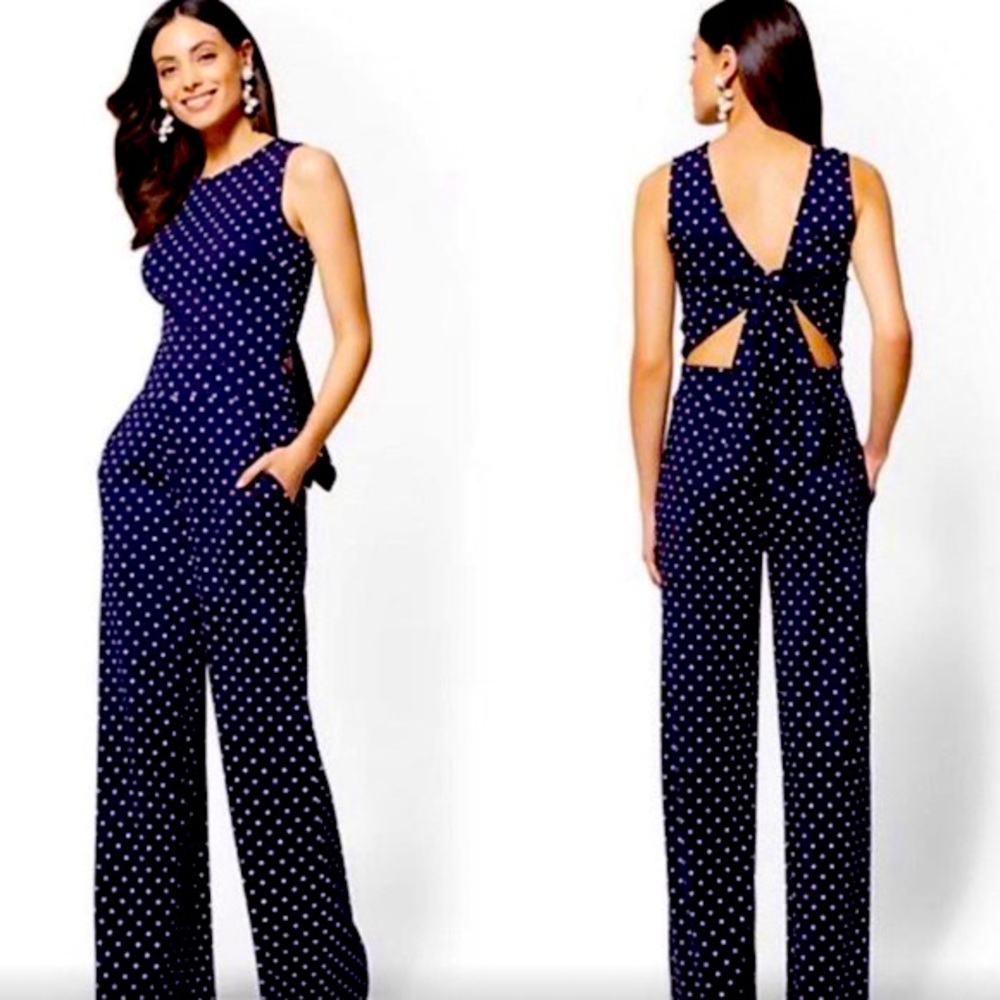 New York and company navy blue polka dot jumpsuit